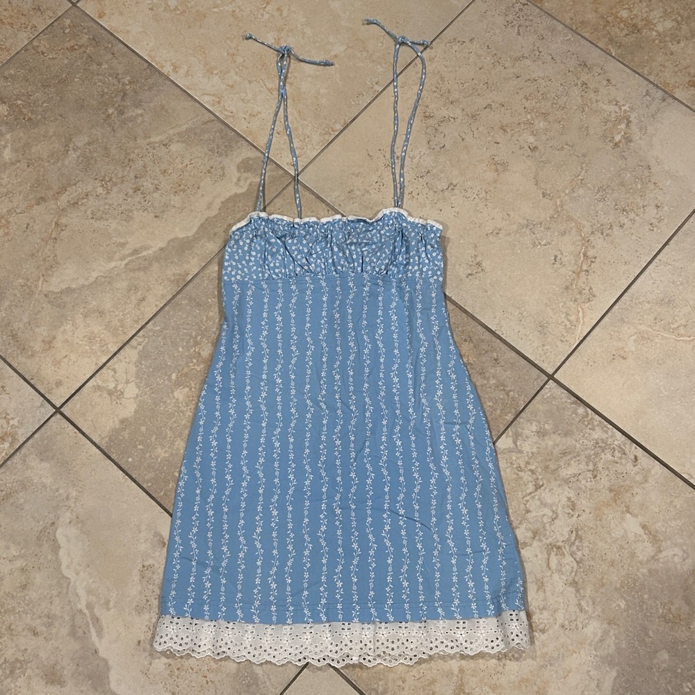 Rampage‎ USA Floral Eyelet Trim Mini Dress Women 7 Blue Y2K Coquette Cottagecore